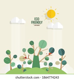 ES AMABLE. Concepto de ecología con fondo de árbol. Ilustración vectorial.