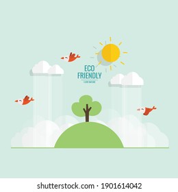 ECO FREUNDLICH. Ökologie-Konzept mit Baumhintergrund. Vektorgrafik.