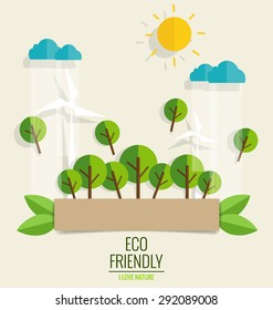 ECO FREUNDLICH. Ökologie-Konzept mit Baumhintergrund. Vektorgrafik.