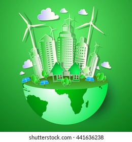 ECO FRIENDLY. Ecology concept with tree and city background. Vector illustration.