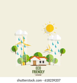 ECO FRIENDLY. Ecology concept with tree background. Vector illustration.