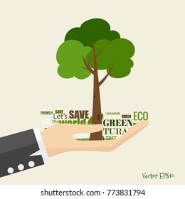 ES AMABLE. Concepto de ecología con fondo de árbol. Ilustración vectorial.