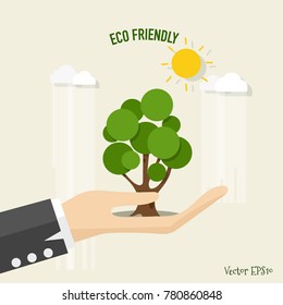 ECO FRIENDLY. Ecology concept with tree background. Vector illustration.