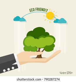 ECO FRIENDLY. Ecology concept with tree background. Vector illustration.