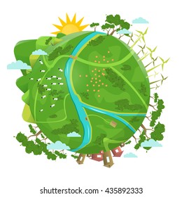 Eco friendly. Ecology design. Green Planet Earth concept of eco with green grass, trees, buildings. Vector illustration.