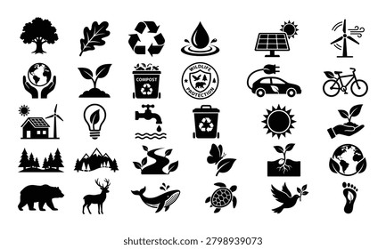Eco, friendly, ecology, icons, set, with, green, energy, recycling, environment, sustainability, wildlife, protection, nature, conservation, elements, icons, collection, vector, illustration