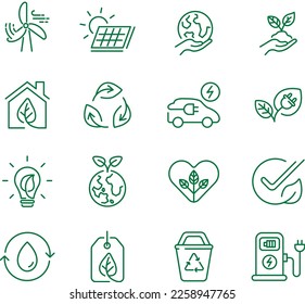 Conjunto de iconos de la línea de símbolos ecología amigable para el medio ambiente contorno de la naturaleza retrociclo colección de señales de vector ilustración verde diseño gráfico