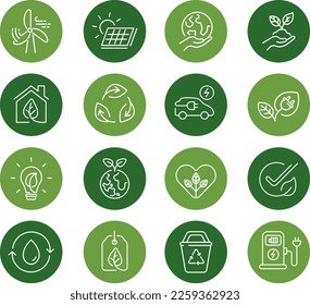 Eco friendly ecology symbol line icon set Environment related nature recycle outline vector sign collection green illustration graphic design circle round logo