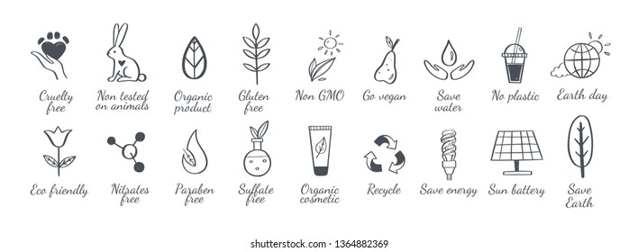 Eco friendly, ecology vector hand drawn icons set.  Organic cosmetics, zero waste, save earth and healthy lifestyle   sign and symbols