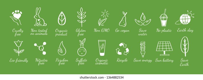 Eco friendly, ecology vector hand drawn icons set.  Organic cosmetics, zero waste, save earth and healthy lifestyle   sign and symbols