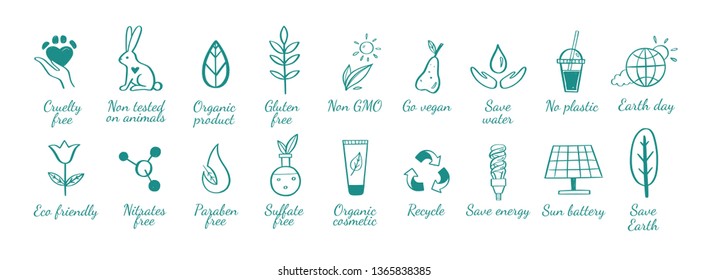 Eco friendly, ecology vector hand drawn icons set.  Organic cosmetics, zero waste, save earth and healthy lifestyle   sign and symbols