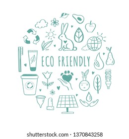 Eco friendly, ecology vector hand drawn icons set.  Organic cosmetics, zero waste, save earth and healthy lifestyle   sign and symbols