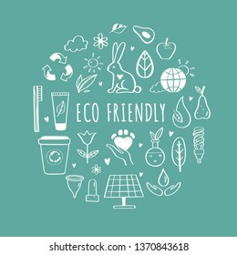 Eco friendly, ecology vector hand drawn icons set.  Organic cosmetics, zero waste, save earth and healthy lifestyle   sign and symbols