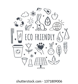 Eco friendly, ecology vector hand drawn icons set.  Organic cosmetics, zero waste, save earth and healthy lifestyle   sign and symbols