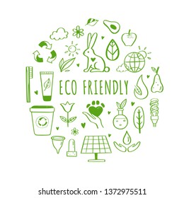 Eco friendly, ecology vector hand drawn icons set.  Organic cosmetics, zero waste, save earth and healthy lifestyle   sign and symbols