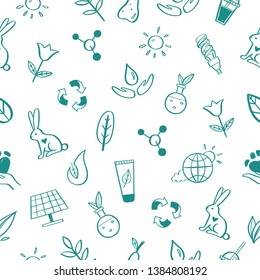 Eco friendly, ecology vector hand drawn seamless pattern, background.  Organic cosmetics, zero waste, save earth and healthy lifestyle   sign and symbols