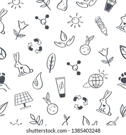 Eco friendly, ecology vector hand drawn seamless pattern, background.  Organic cosmetics, zero waste, save earth and healthy lifestyle   sign and symbols