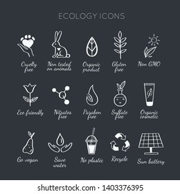 Eco friendly, ecology vector hand drawn icons set.  Organic cosmetics, zero waste, save earth and healthy lifestyle   sign and symbols