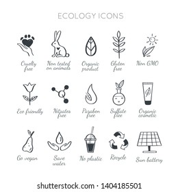 Eco friendly, ecology vector hand drawn icons set.  Organic cosmetics, zero waste, save earth and healthy lifestyle   sign and symbols