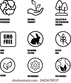 Eco friendly ecology vector hand drawn icons set Organic cosmetics save earth. Vector