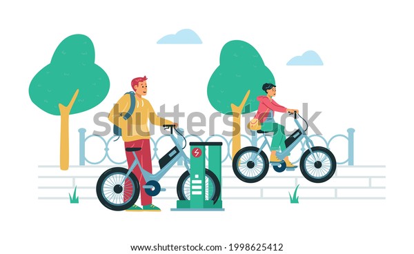 Eco friendly electric bike\
rental station, flat vector illustration isolated on white\
background. Citizens renting electric bicycles for commuting and\
town rides.