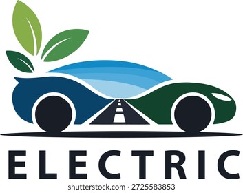 Coche eléctrico respetuoso del medio ambiente con la hoja que crece fuera de él en una carretera