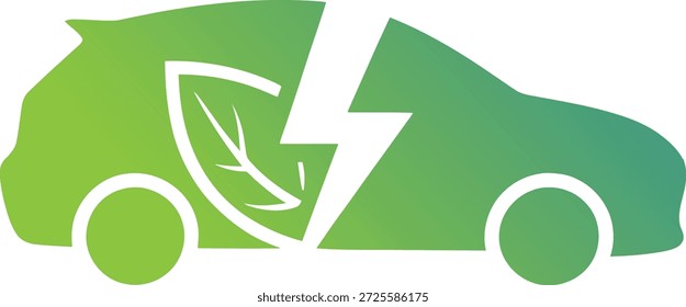 Carro elétrico eco amigável com símbolo de folha e raio no lado representando energia sustentável e transporte verde