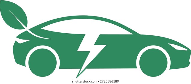 Carro elétrico ecológico com símbolo de folha e raio no lado representando energia sustentável e tecnologia verde