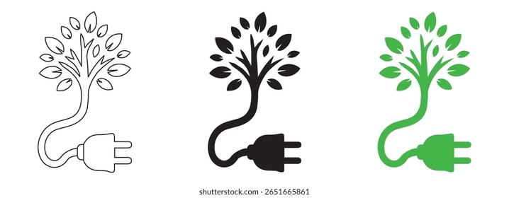 Símbolo de árvore elétrica de tomada eco amigável - Conceito de energia verde, ícone do ponto de carregamento do carro png. Símbolo de plugue elétrico. Sinal de eletricidade. Ilustração do vetor de energia verde. Fios com ficha