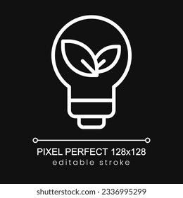 Eco friendly electricity pixel perfect white linear icon for dark theme. Isolated vector illustration. Thin line illustration. Isolated symbol for night mode. Editable stroke. Poppins font used