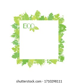 Eco friendly empty frame. Green leaves prints. Universal use and editable