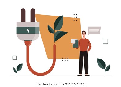 Eco friendly energy concept. Sustainable lifestyle and alternative electricity sources. Man near electric plug. Poster or banner. Cartoon flat vector illustration isolated on white background