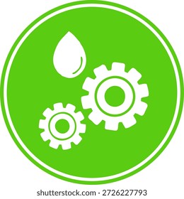 Umweltfreundliches Energie-Symbol mit Ausrüstung und Wassertropfen im grünen Kreis. Symbol für nachhaltige Technologie, erneuerbare Ressourcen und Umweltschutz.