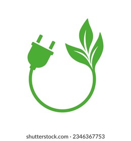 Eco friendly energy icon. Power plug and leaves. Vector illustration.