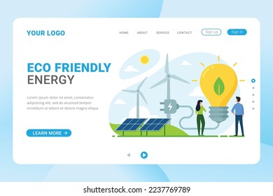 Eco Friendly energy landing page template. Electricity from solar panels and windmills vector illustration