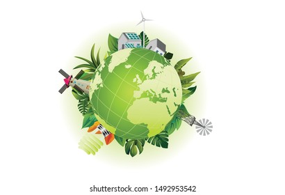 Eco Friendly, ahorro de energía y seguridad ecológica, concepto de energía verde, alrededor del mundo ilustración.Día de la Tierra.
