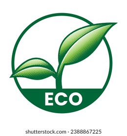 Icono redondeado grabado amigable ecológico con 2 hojas verdes sobre fondo blanco