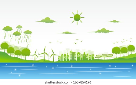 Eco Friendly And Enviromental Green City, Sustainable Development Concept, Vector Illustration 