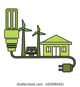 eco friendly environment bulb plug cable house solar panel turbine wind vector illustration
