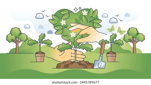 Eco friendly environment and forestation campaign with hands outline concept. Plant forest trees and be social responsible about green and sustainable future vector illustration. Save planet ecology.