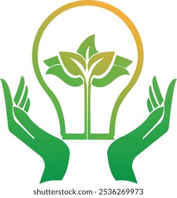 Eco friendly environment royalty. A hand holding a light bulb that says plant in care icon vectors. Energy resources logo light bulb icon. Green energy bulb on hand vector stock. Green house logo