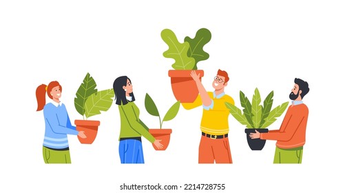 Eco Friendly Environment at Work Concept with Happy Business Men and Women Characters Holding Green Potted Plants, People Working In Modern Office With Biophilic Design. Cartoon Vector Illustration