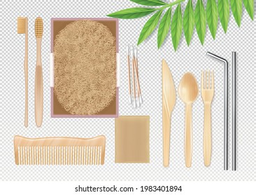 Eco friendly essentials from recycled and natural materials realistic composition with personal hygiene objects transparent vector illustration