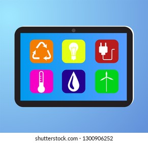 Eco friendly factory on a digital touch screen tablet