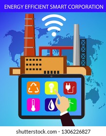 Eco friendly factory on a digital touch screen tablet