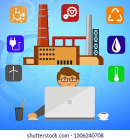 Eco friendly factory on a digital laptop