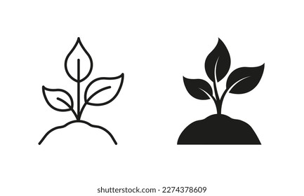 Eco Friendly Farm Symbol Collection. Sprout of Plant in Ecology Garden. Eco Natural Seed, Agriculture Line and Silhouette Icon Set. Organic Growth Leaf on Soil. Isolated Vector Illustration.