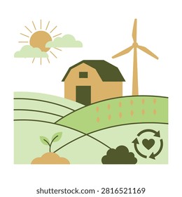 Eco friendly farm with windmill and barn in rolling hills green landscape sunny day