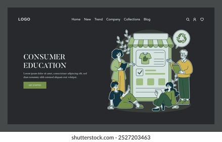 Eco Friendly Fashion concept. Customers learning about sustainable clothing from a digital storefront. Conscious shopping, greener choices. Vector illustration.