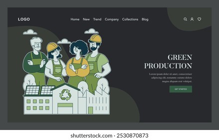 Eco Friendly Fashion concept. Sustainable apparel production with a focus on renewable energy and recycling. Workers in a green factory setting. Vector illustration.